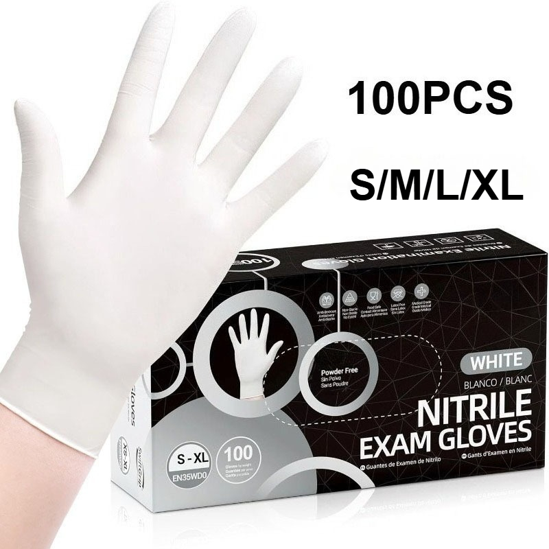 Commercial Kitchen Gloves - 10-100PCS White Disposable Nitrile Gloves, Latex